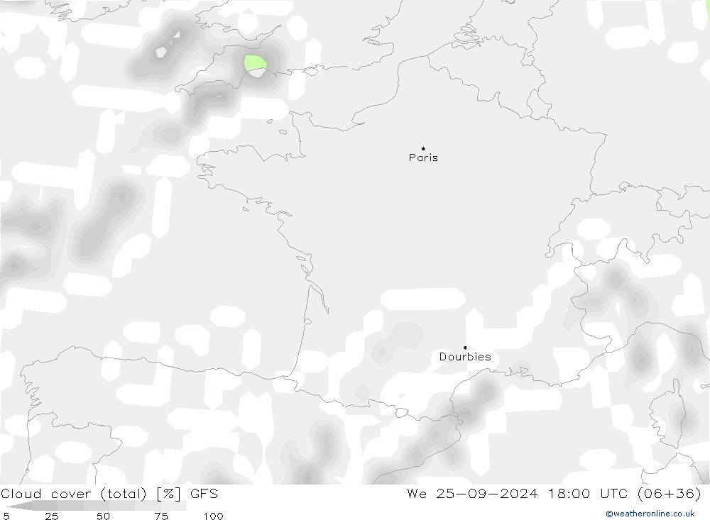 nuvens (total) GFS Qua 25.09.2024 18 UTC