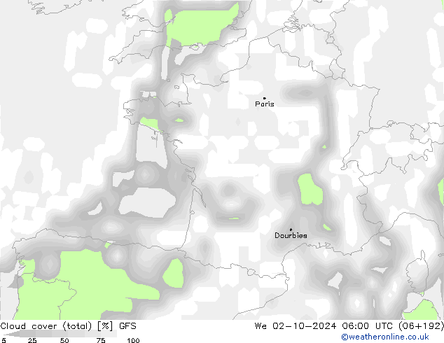 Cloud cover (total) GFS We 02.10.2024 06 UTC