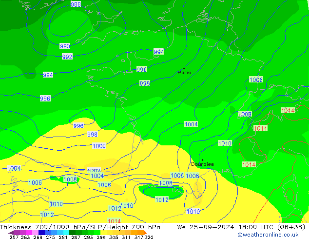 Thck 700-1000 hPa GFS We 25.09.2024 18 UTC