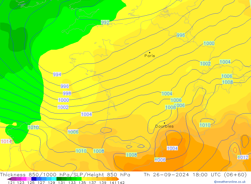 Thck 850-1000 hPa GFS jeu 26.09.2024 18 UTC