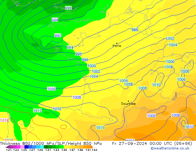 Dikte 850-1000 hPa GFS vr 27.09.2024 00 UTC