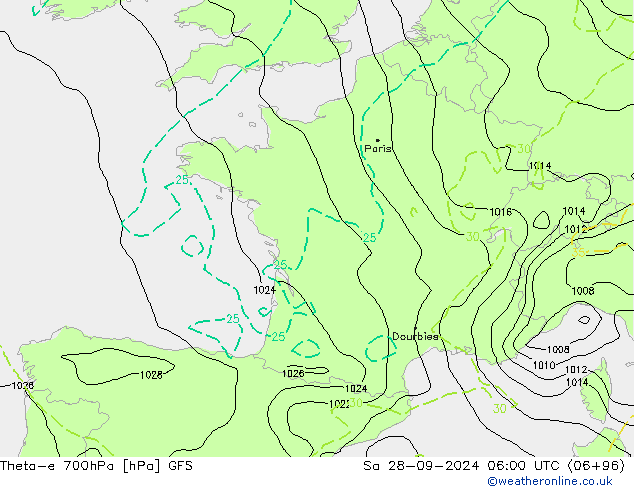 Theta-e 700hPa GFS Sa 28.09.2024 06 UTC