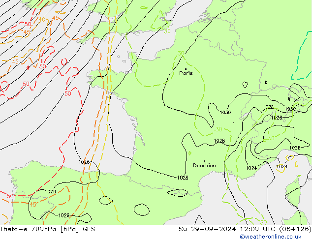 Theta-e 700hPa GFS Su 29.09.2024 12 UTC