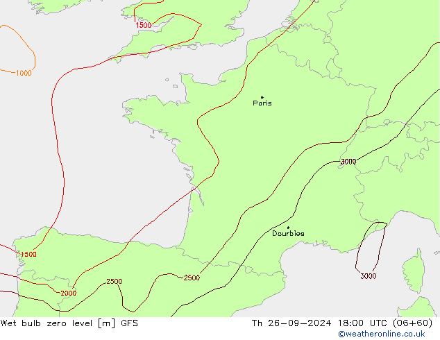 Wet bulb zero level GFS Čt 26.09.2024 18 UTC