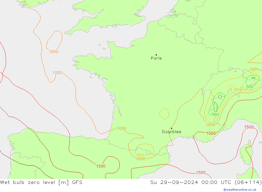 Wet bulb zero level GFS Su 29.09.2024 00 UTC