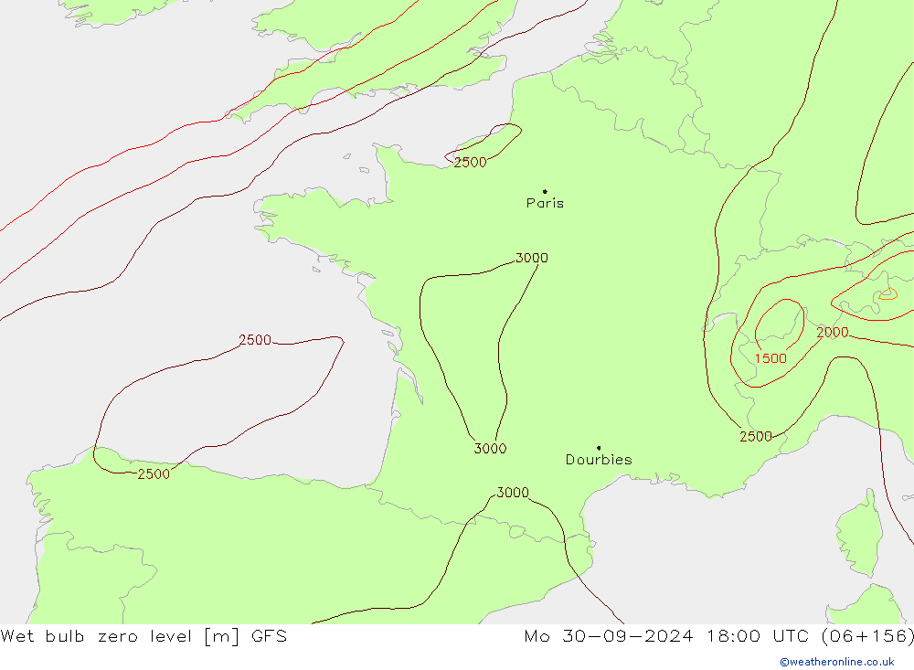 Wet bulb zero level GFS Mo 30.09.2024 18 UTC