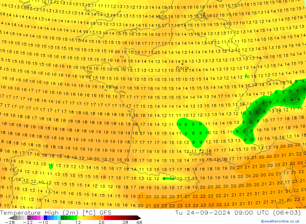 Temp. massima (2m) GFS mar 24.09.2024 09 UTC