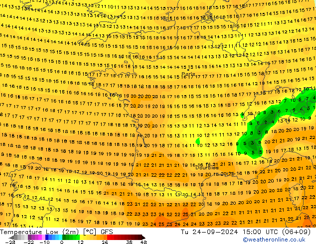 temperatura mín. (2m) GFS Ter 24.09.2024 15 UTC