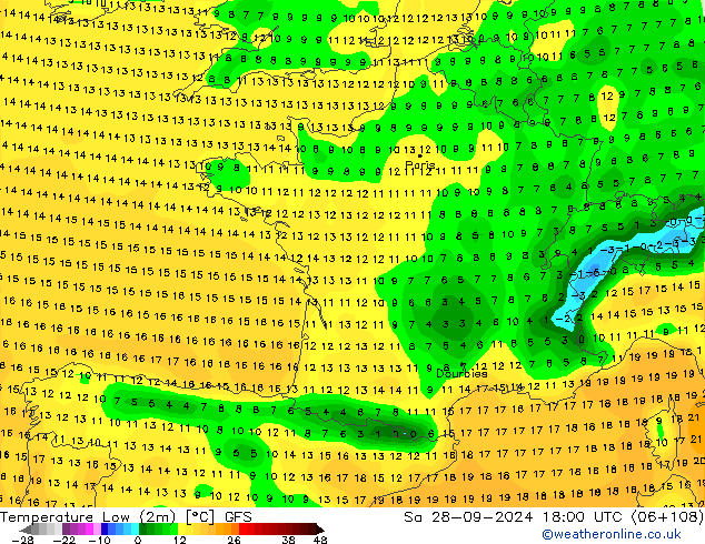 Temp. minima (2m) GFS sab 28.09.2024 18 UTC