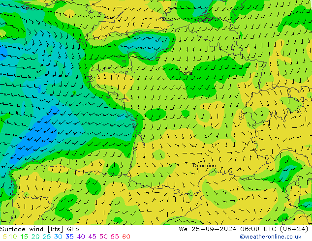 Vento 10 m GFS mer 25.09.2024 06 UTC