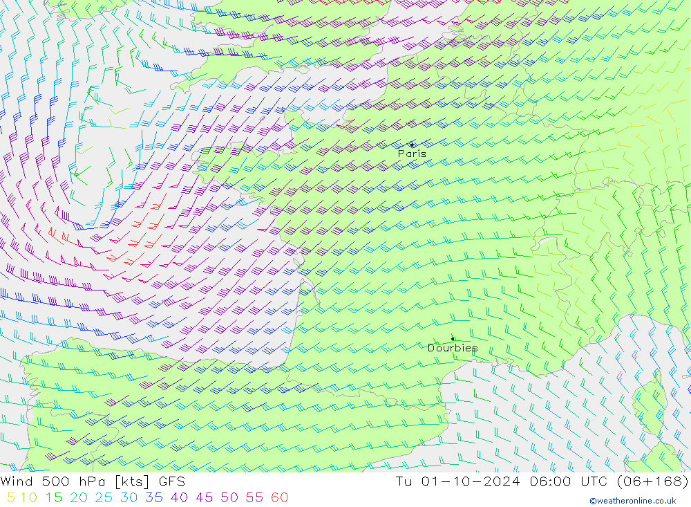 ветер 500 гПа GFS вт 01.10.2024 06 UTC