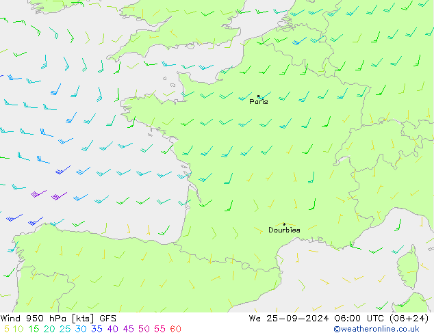 Wind 950 hPa GFS Mi 25.09.2024 06 UTC