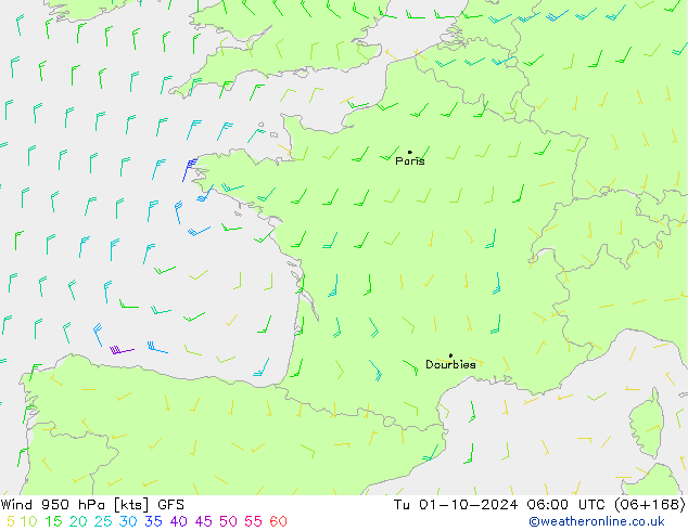 Wind 950 hPa GFS Tu 01.10.2024 06 UTC