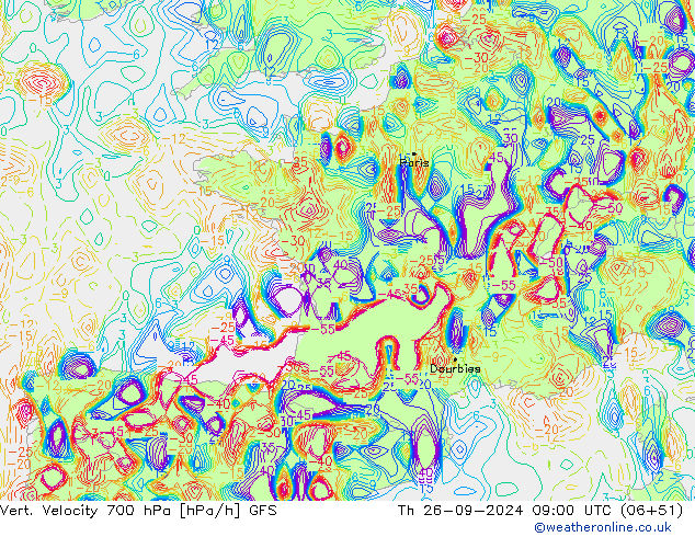 Vert. Velocity 700 hPa GFS gio 26.09.2024 09 UTC