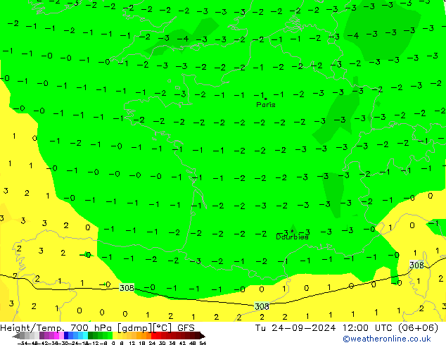 Height/Temp. 700 hPa GFS wto. 24.09.2024 12 UTC