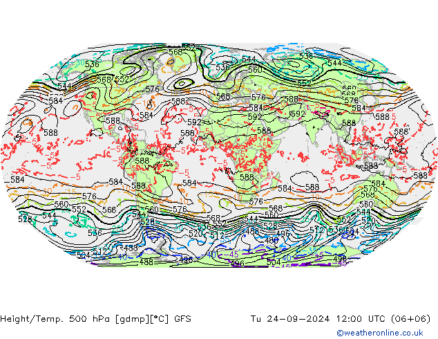 Z500/Rain (+SLP)/Z850 GFS 星期二 24.09.2024 12 UTC