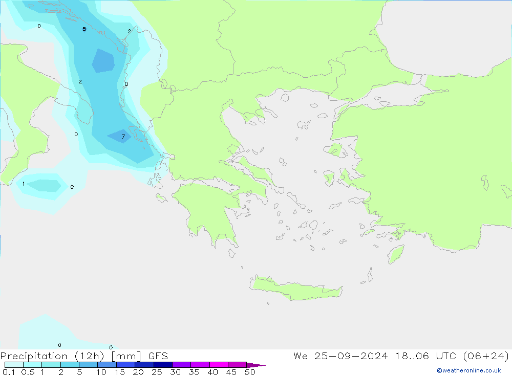 Totale neerslag (12h) GFS wo 25.09.2024 06 UTC