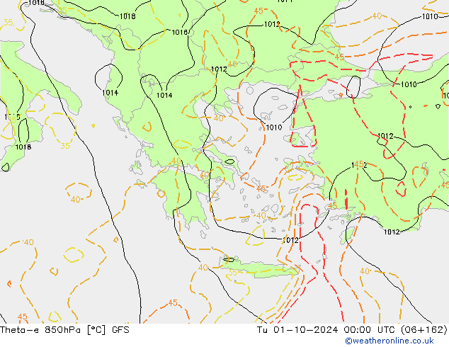 Theta-e 850hPa GFS Tu 01.10.2024 00 UTC