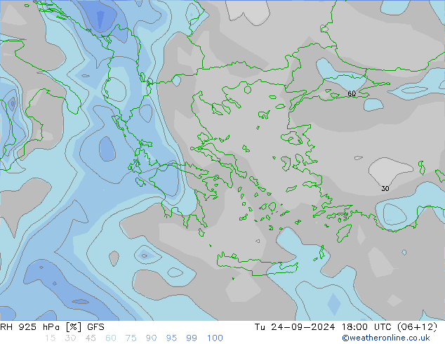 RH 925 hPa GFS Tu 24.09.2024 18 UTC