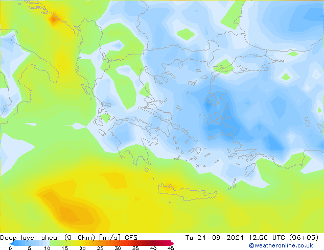 Deep layer shear (0-6km) GFS  24.09.2024 12 UTC