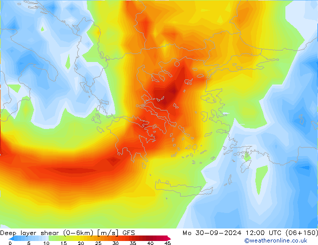 Deep layer shear (0-6km) GFS Seg 30.09.2024 12 UTC