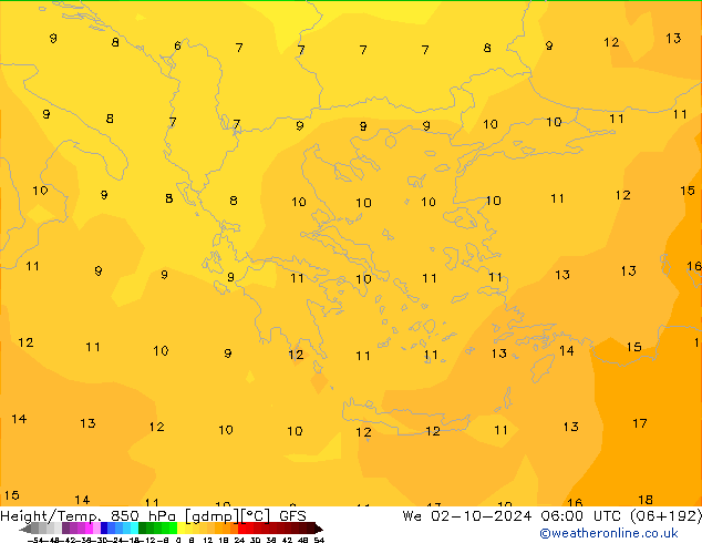 Height/Temp. 850 hPa GFS Qua 02.10.2024 06 UTC