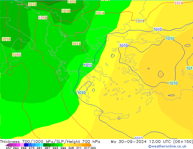 Thck 700-1000 гПа GFS пн 30.09.2024 12 UTC