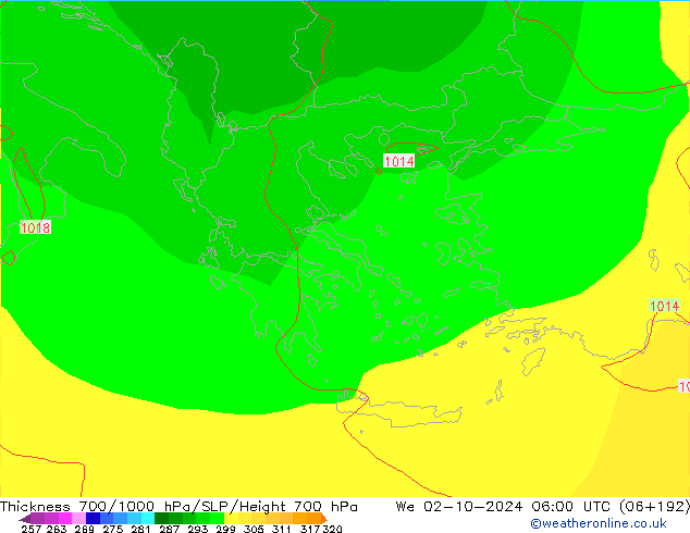 Thck 700-1000 hPa GFS mer 02.10.2024 06 UTC