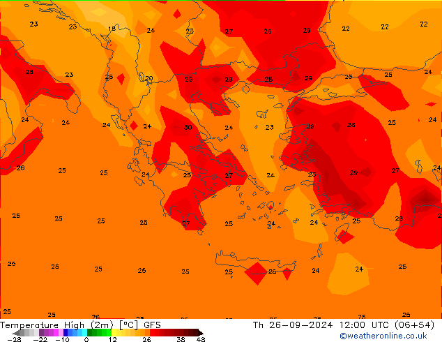 Max. Temperatura (2m) GFS czw. 26.09.2024 12 UTC