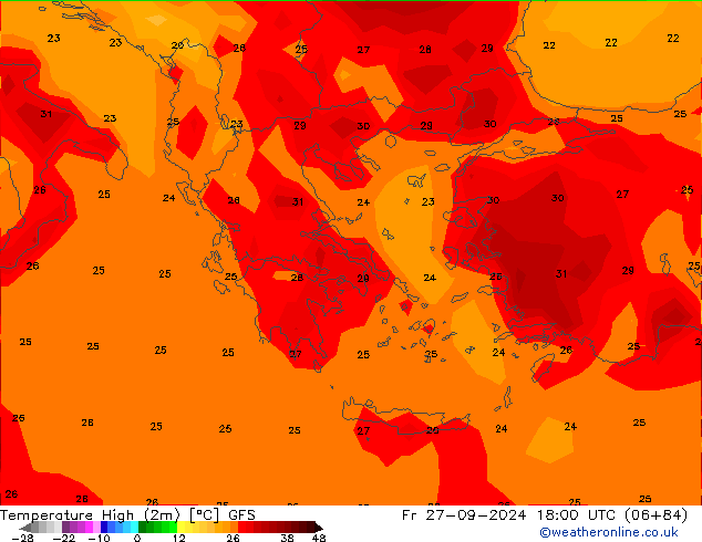 Темпер. макс 2т GFS пт 27.09.2024 18 UTC