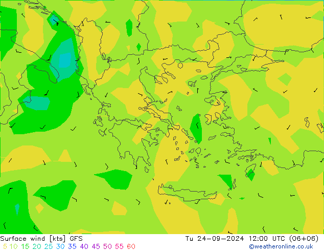 Prec 6h/Wind 10m/950 GFS Tu 24.09.2024 12 UTC