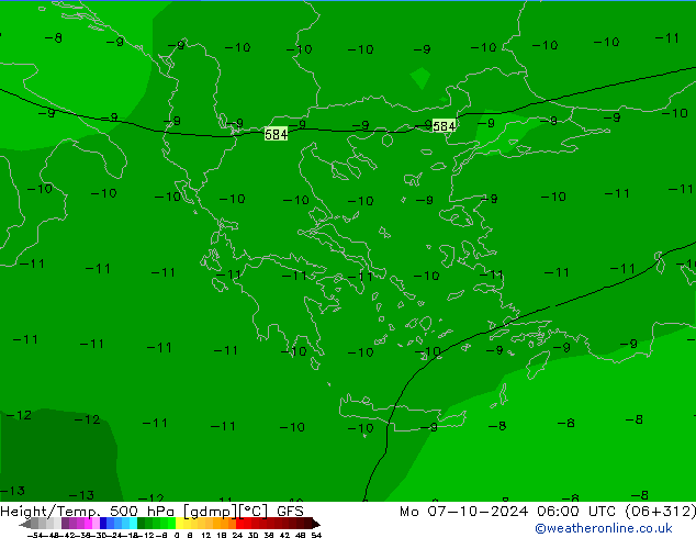 Z500/Rain (+SLP)/Z850 GFS Po 07.10.2024 06 UTC