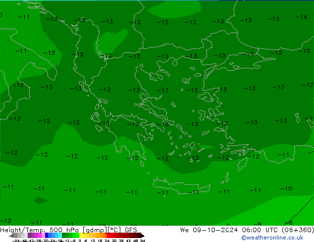 Height/Temp. 500 гПа GFS ср 09.10.2024 06 UTC