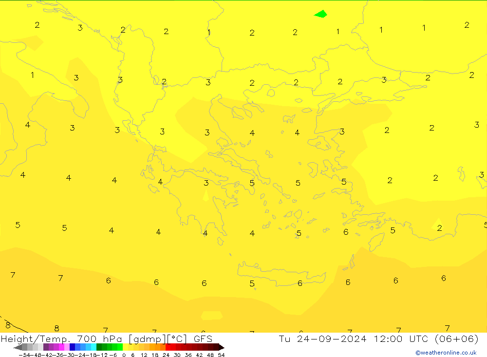 Height/Temp. 700 hPa GFS  24.09.2024 12 UTC