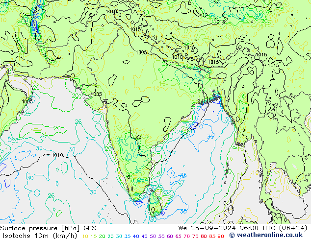 Isotachs (kph) GFS We 25.09.2024 06 UTC