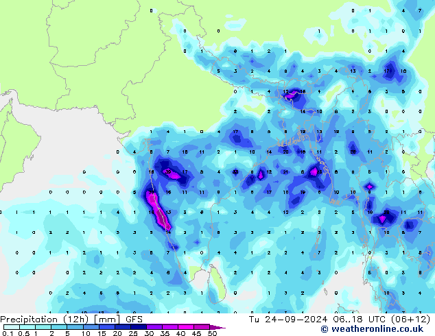 Precipitation (12h) GFS Tu 24.09.2024 18 UTC