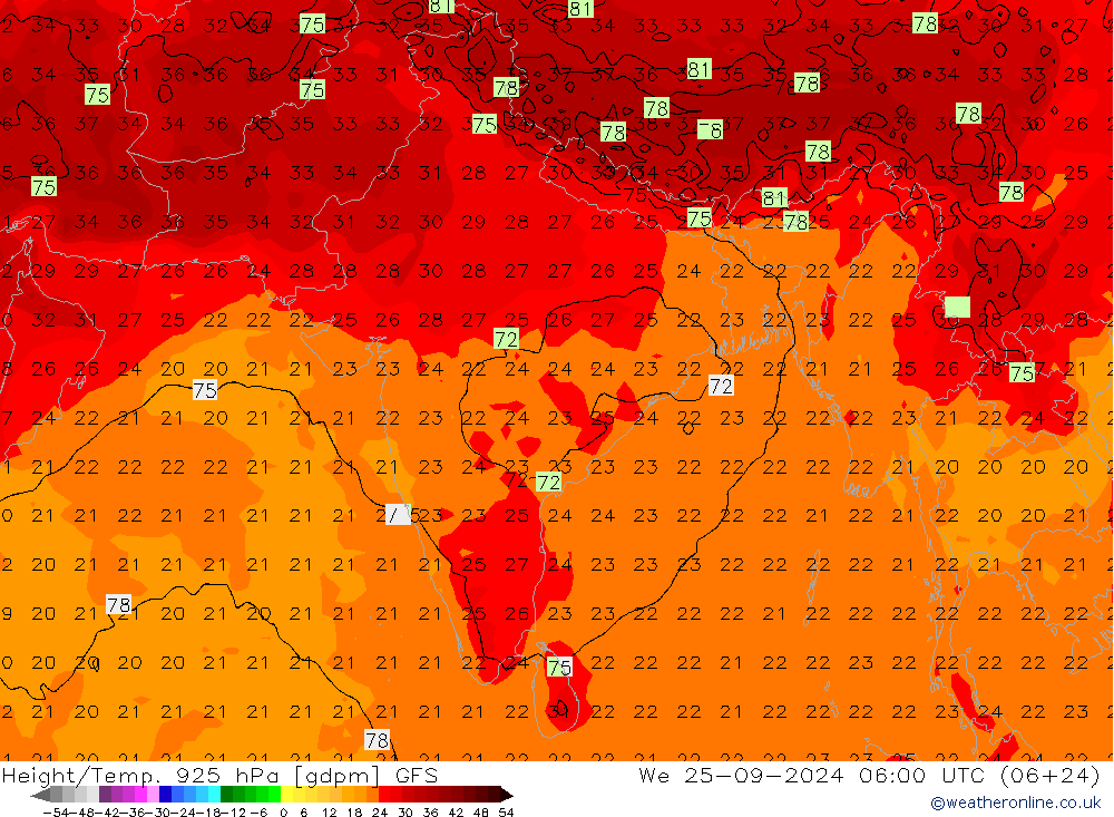 Yükseklik/Sıc. 925 hPa GFS Çar 25.09.2024 06 UTC