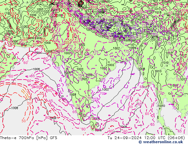 Theta-e 700hPa GFS Tu 24.09.2024 12 UTC