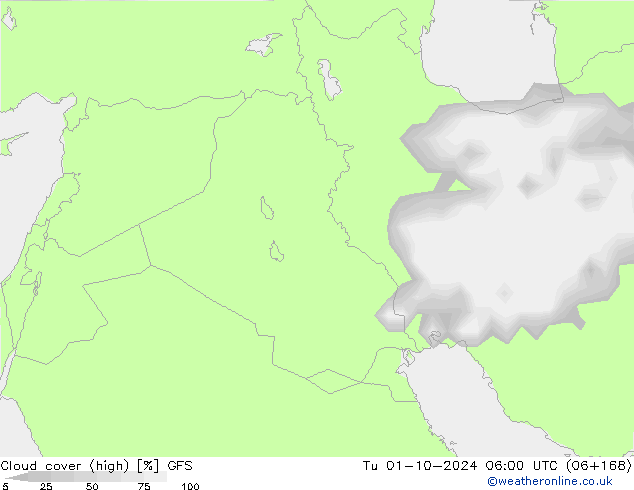 Cloud cover (high) GFS Tu 01.10.2024 06 UTC