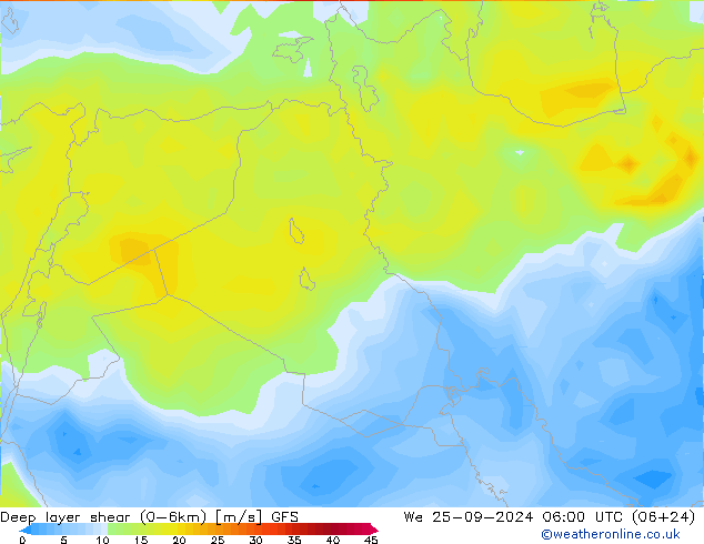 Deep layer shear (0-6km) GFS We 25.09.2024 06 UTC