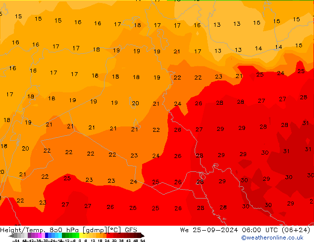 Geop./Temp. 850 hPa GFS mié 25.09.2024 06 UTC