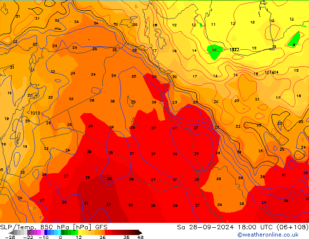 SLP/Temp. 850 hPa GFS sáb 28.09.2024 18 UTC