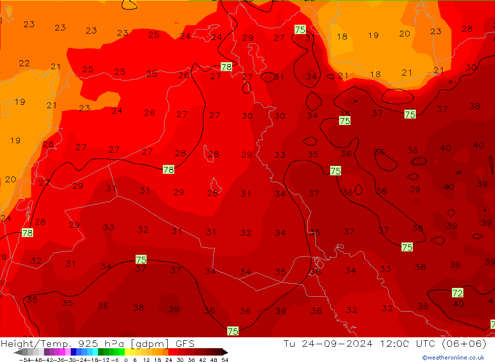 Height/Temp. 925 hPa GFS  24.09.2024 12 UTC