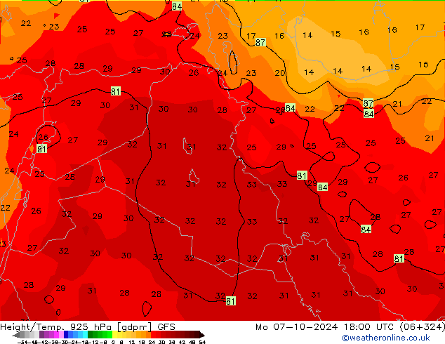 Height/Temp. 925 hPa GFS pon. 07.10.2024 18 UTC