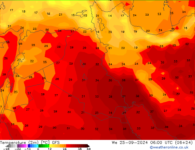 Temperatura (2m) GFS mié 25.09.2024 06 UTC