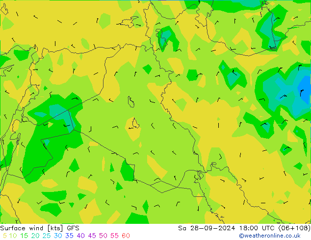 wiatr 10 m GFS so. 28.09.2024 18 UTC