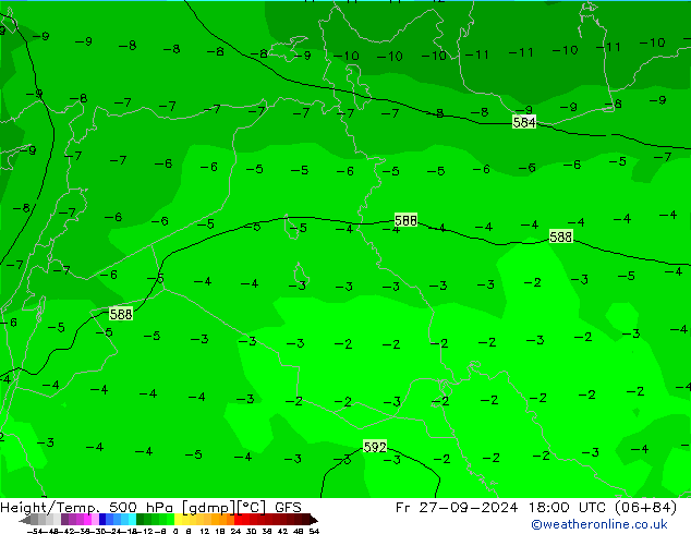 Hoogte/Temp. 500 hPa GFS vr 27.09.2024 18 UTC