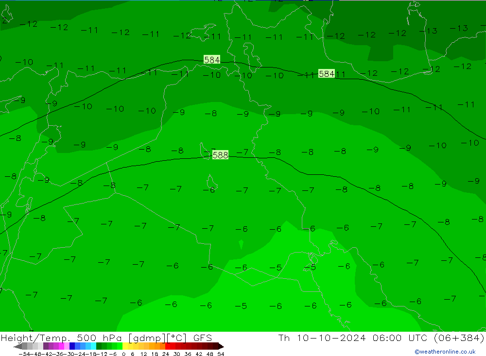 Z500/Rain (+SLP)/Z850 GFS Th 10.10.2024 06 UTC