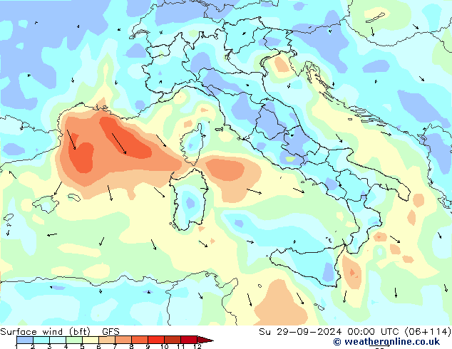  10 m (bft) GFS  29.09.2024 00 UTC