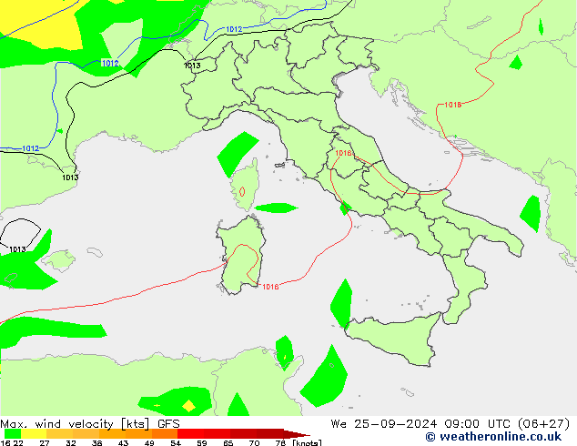 Max. wind velocity GFS ср 25.09.2024 09 UTC